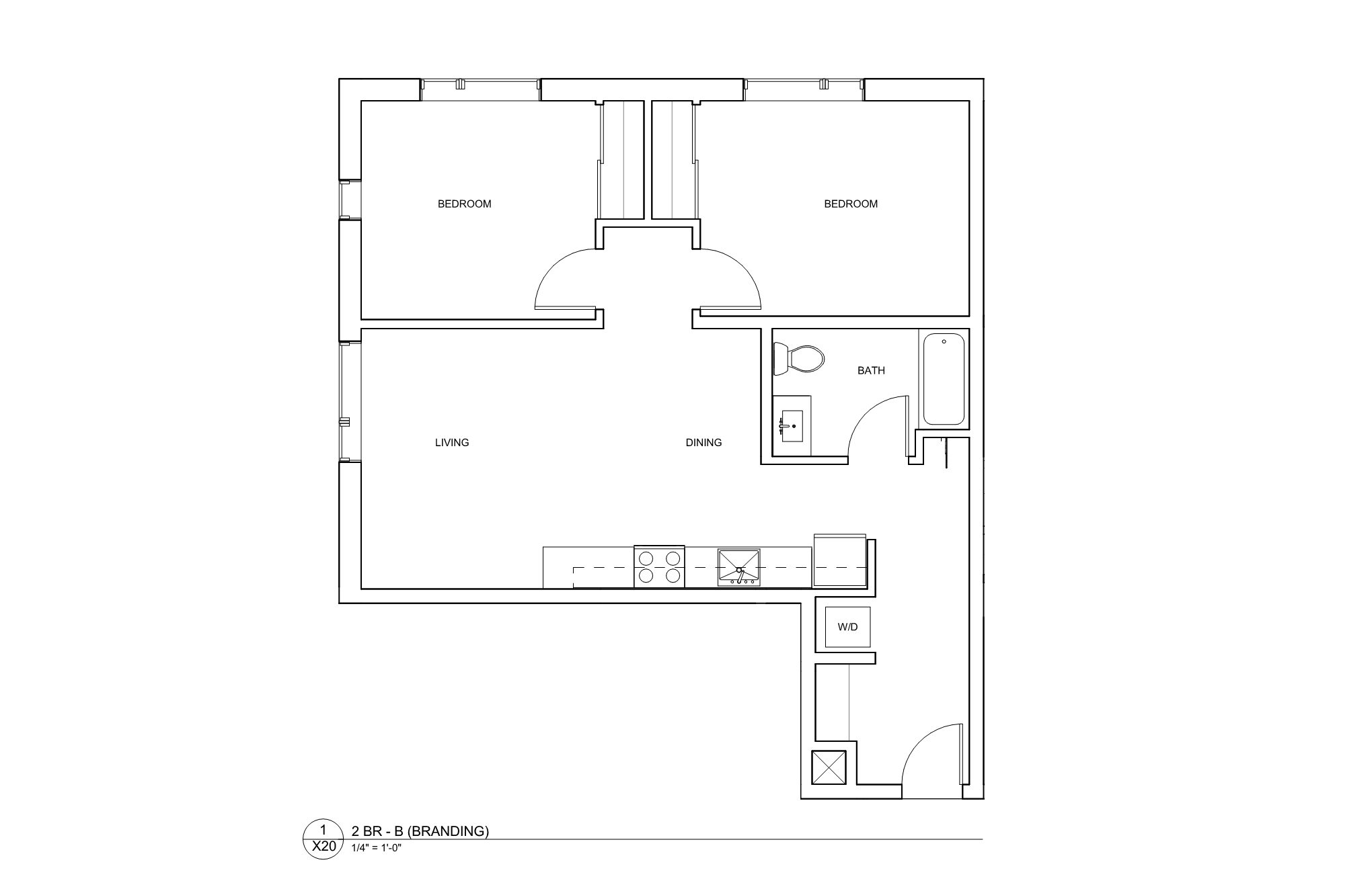 Floor plan for 2 beds, 1 bath, 891 sqft